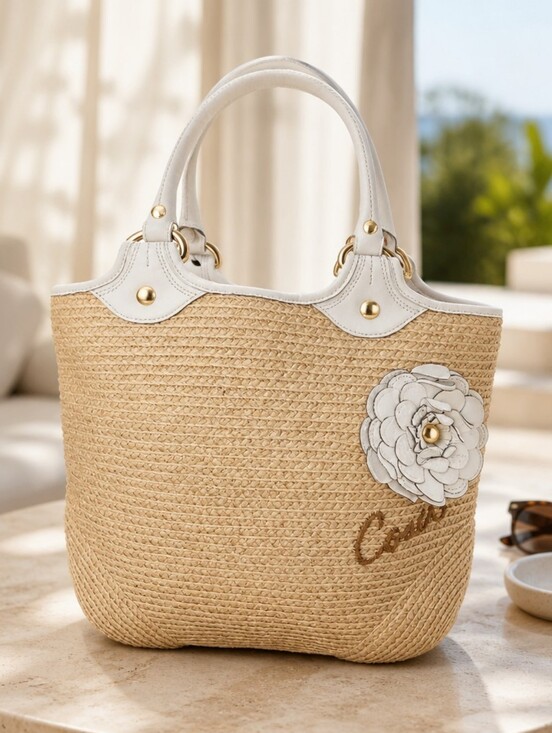 Handbags - Coach Bleecker Straw Leather Flower Satchel Tote